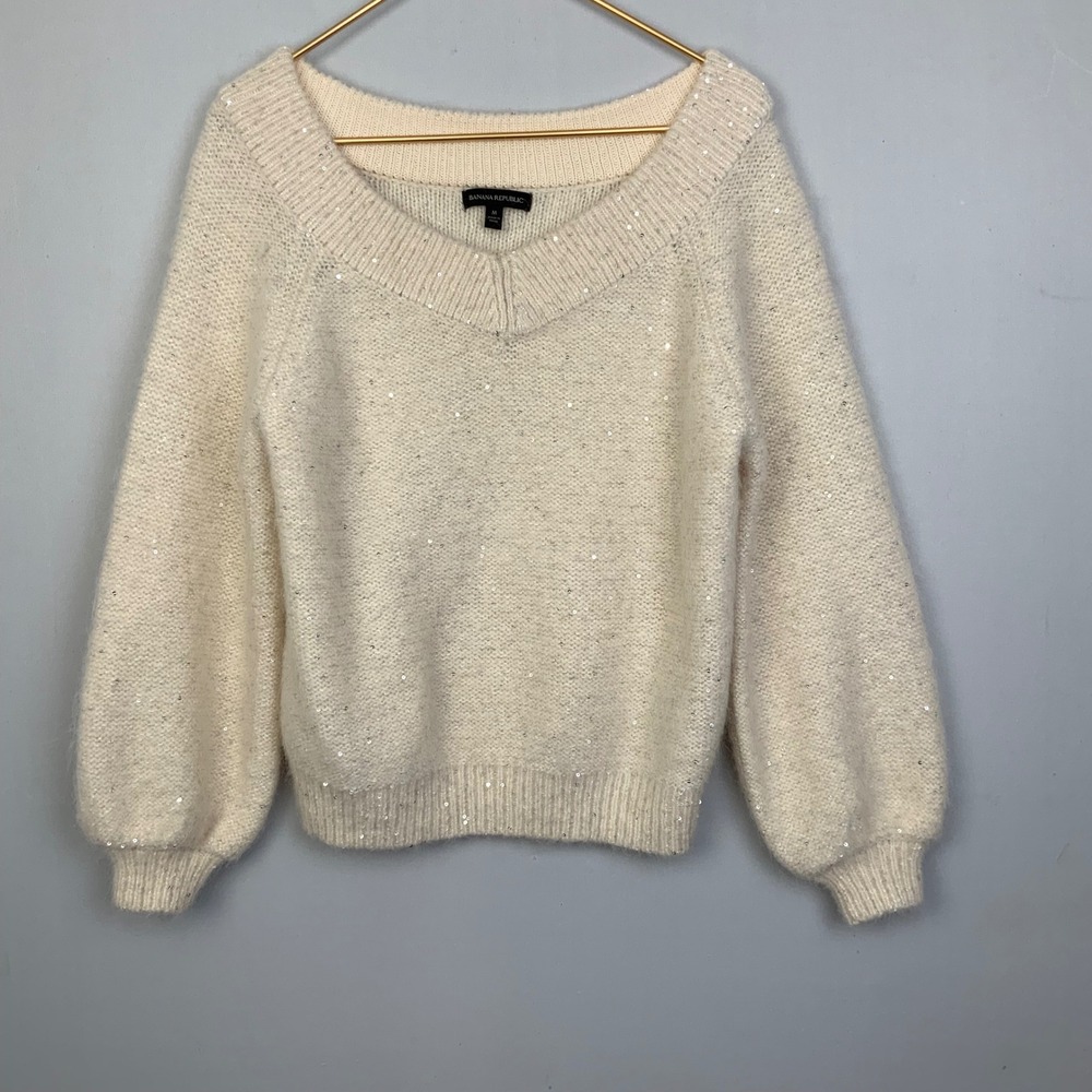 Banana Republic Sz Medium Cream Sequin Wool Alpaca V-Neck Balloon Sleeve Sweater